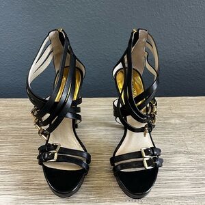 Michael Kors Ava Black Strappy Heels Gold Buckles